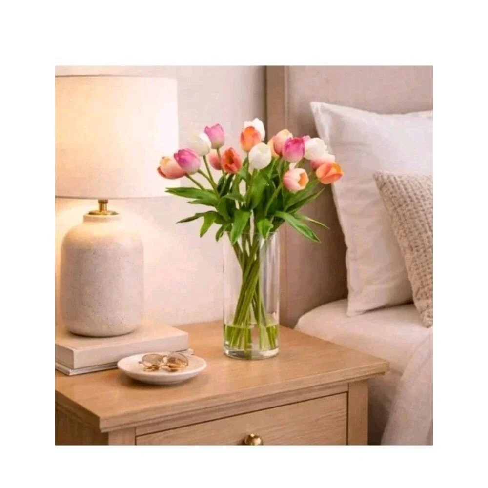 TULIPS FAKE ARTIFICIAL FLOWER FLORAL ARRANGEMENT SILK FLOWERS CERAMIC VASE NEW